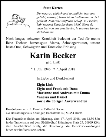 Anzeige von Karin Becker von Kölner Stadt-Anzeiger / Kölnische Rundschau / Express