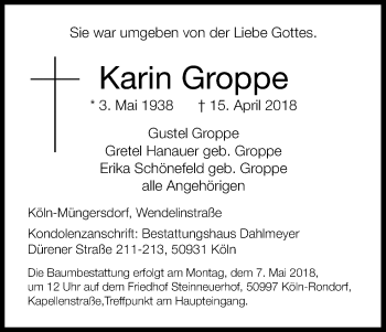 Anzeige von Karin Groppe von Kölner Stadt-Anzeiger / Kölnische Rundschau / Express