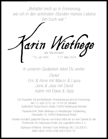 Anzeige von Karin Wiethege von Kölner Stadt-Anzeiger / Kölnische Rundschau / Express