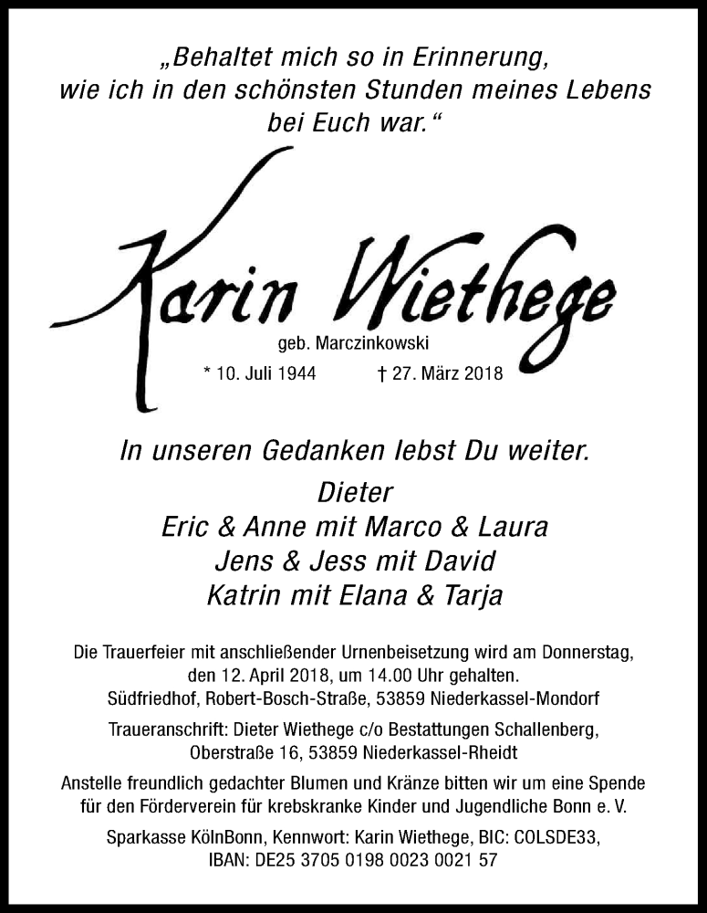  Traueranzeige für Karin Wiethege vom 11.04.2018 aus Kölner Stadt-Anzeiger / Kölnische Rundschau / Express