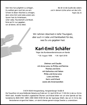 Anzeige von Karl-Emil Schäfer von Kölner Stadt-Anzeiger / Kölnische Rundschau / Express