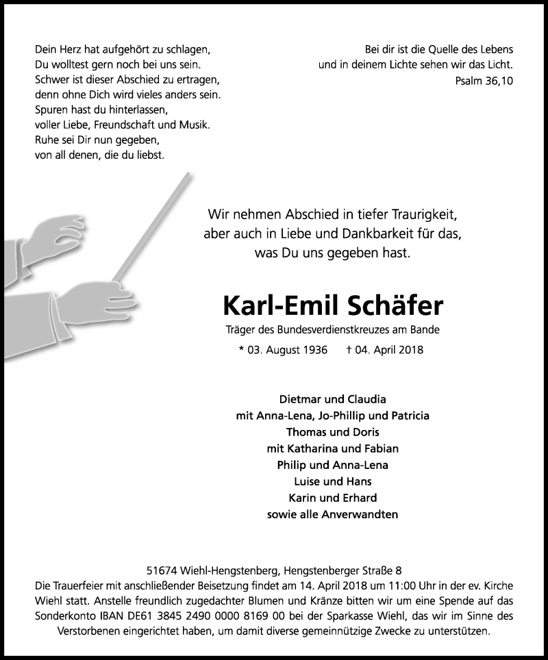 Traueranzeige für Karl-Emil Schäfer vom 07.04.2018 aus Kölner Stadt-Anzeiger / Kölnische Rundschau / Express