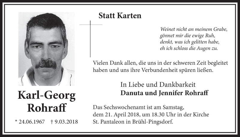  Traueranzeige für Karl-Georg Rohraff vom 11.04.2018 aus  Schlossbote/Werbekurier 