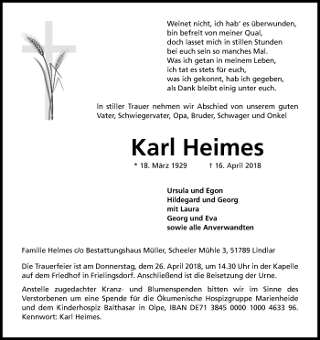 Anzeige von Karl Heimes von Kölner Stadt-Anzeiger / Kölnische Rundschau / Express