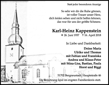 Anzeige von Karl-Heinz Kappenstein von Kölner Stadt-Anzeiger / Kölnische Rundschau / Express