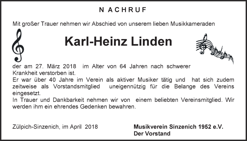  Traueranzeige für Karl-Heinz Linden vom 21.04.2018 aus  Blickpunkt Euskirchen 