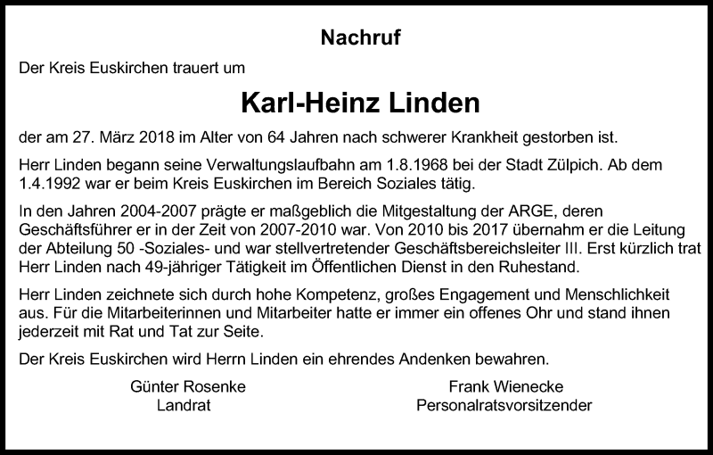  Traueranzeige für Karl-Heinz Linden vom 05.04.2018 aus Kölner Stadt-Anzeiger / Kölnische Rundschau / Express