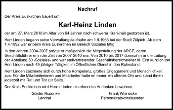 Anzeige von Karl-Heinz Linden von Kölner Stadt-Anzeiger / Kölnische Rundschau / Express