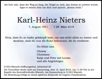 Anzeige von Karl-Heinz Nieters von Kölner Stadt-Anzeiger / Kölnische Rundschau / Express