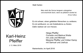 Anzeige von Karl-Heinz Pfeiffer von Kölner Stadt-Anzeiger / Kölnische Rundschau / Express