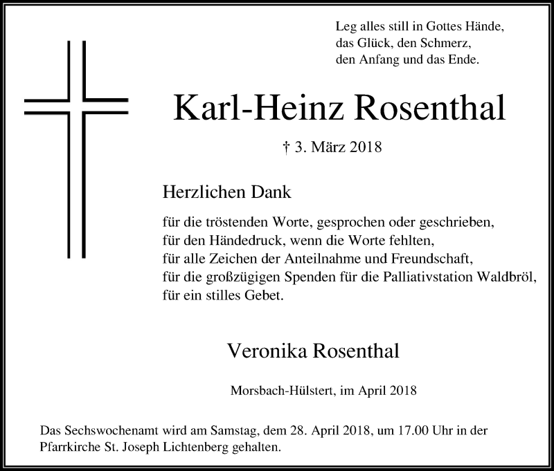  Traueranzeige für Karl-Heinz Rosenthal vom 25.04.2018 aus Kölner Stadt-Anzeiger / Kölnische Rundschau / Express