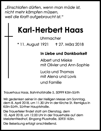Anzeige von Karl-Herbert Haas von Kölner Stadt-Anzeiger / Kölnische Rundschau / Express