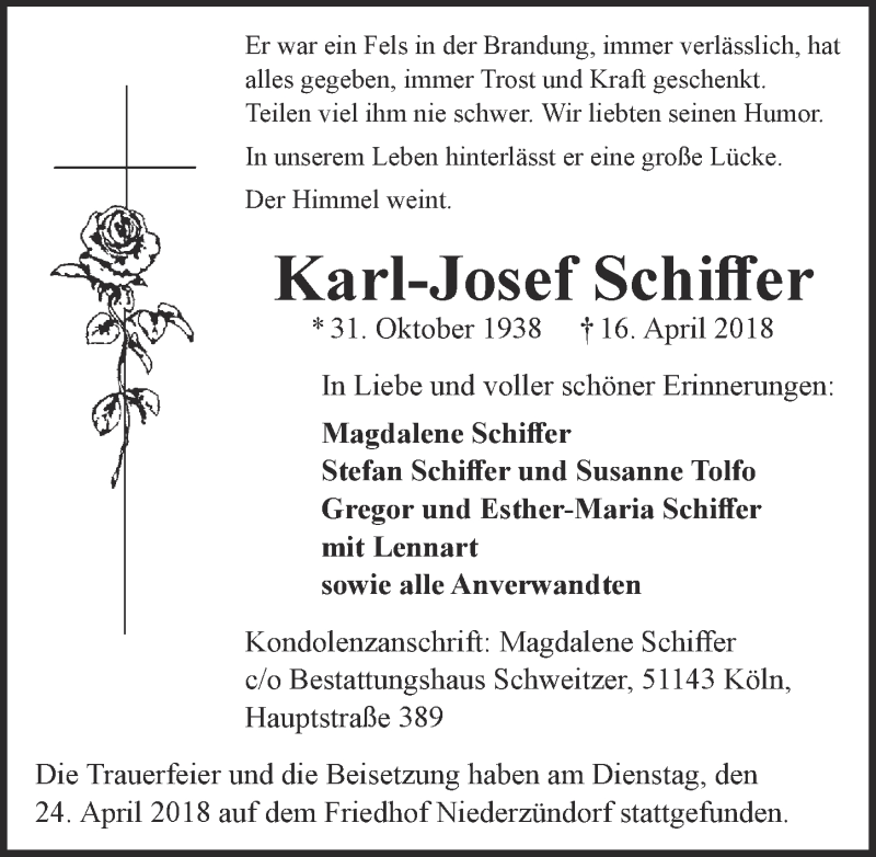  Traueranzeige für Karl-Josef Schiffer vom 25.04.2018 aus  Kölner Wochenspiegel 