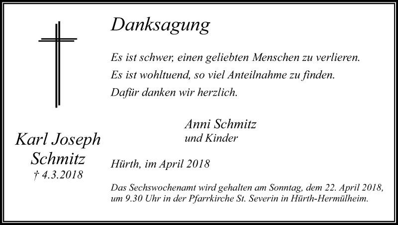  Traueranzeige für Karl Joseph vom 14.04.2018 aus Kölner Stadt-Anzeiger / Kölnische Rundschau / Express