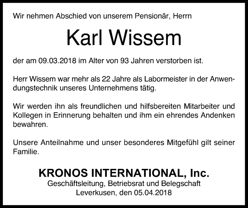  Traueranzeige für Karl Wissem vom 05.04.2018 aus Kölner Stadt-Anzeiger / Kölnische Rundschau / Express