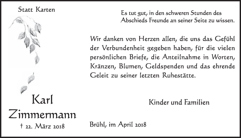  Traueranzeige für Karl Zimmermann vom 18.04.2018 aus  Schlossbote/Werbekurier 