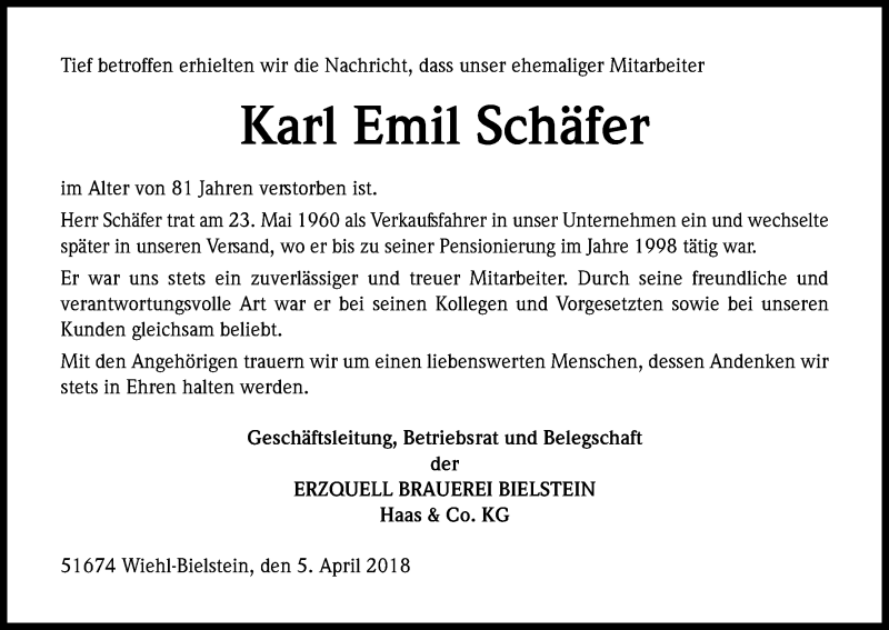  Traueranzeige für Karl Emil Schäfer vom 09.04.2018 aus Kölner Stadt-Anzeiger / Kölnische Rundschau / Express