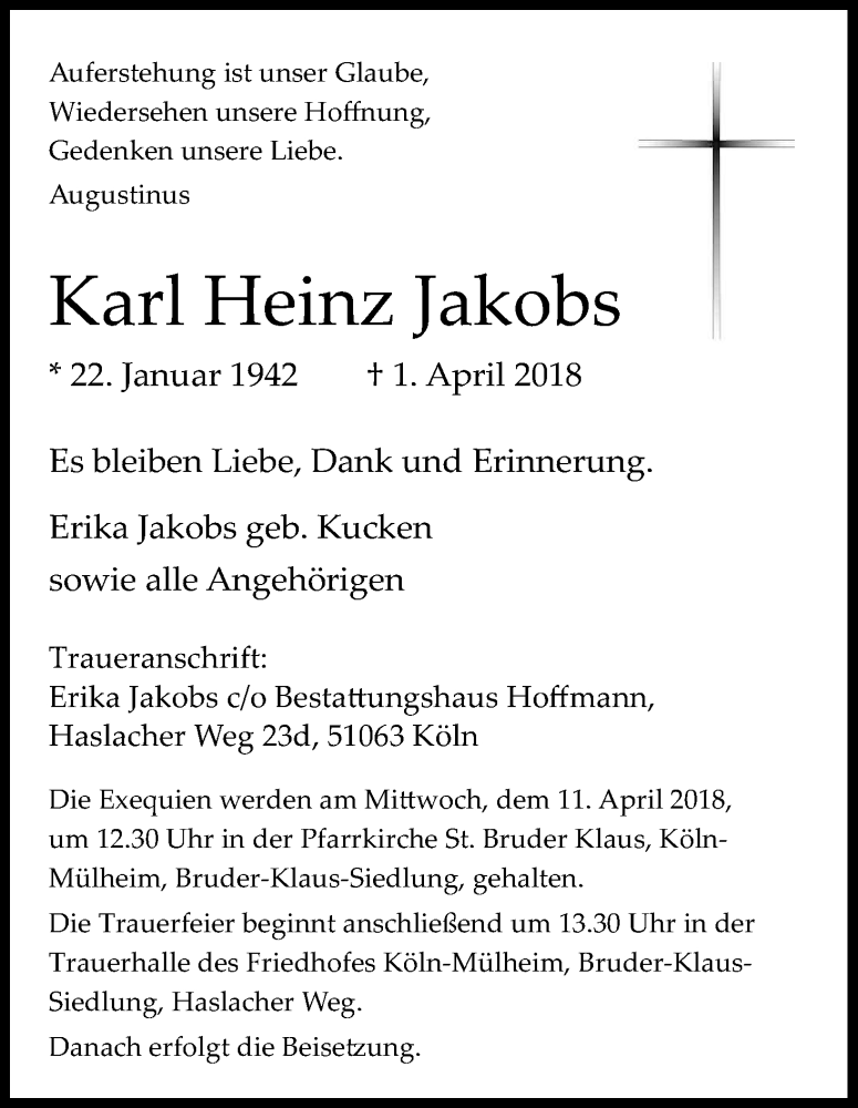  Traueranzeige für Karl Heinz Jakobs vom 07.04.2018 aus Kölner Stadt-Anzeiger / Kölnische Rundschau / Express