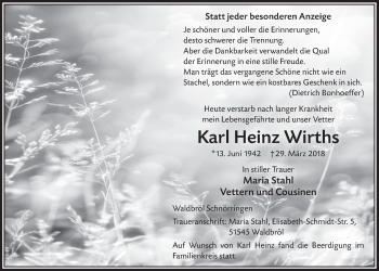 Anzeige von Karl Heinz Wirths von  Lokalanzeiger 
