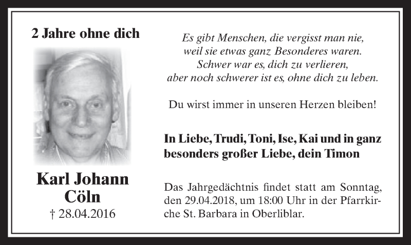  Traueranzeige für Karl Johann Cöln vom 25.04.2018 aus  Werbepost 