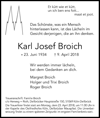 Anzeige von Karl Josef Broich von Kölner Stadt-Anzeiger / Kölnische Rundschau / Express
