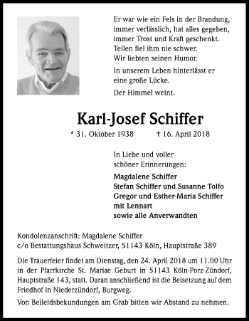 Anzeige von Karl Josef Schiffer von Kölner Stadt-Anzeiger / Kölnische Rundschau / Express