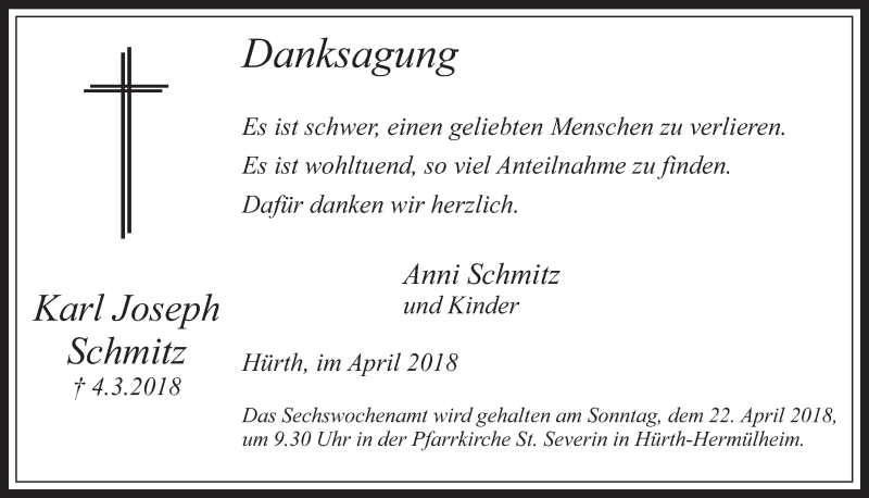  Traueranzeige für Karl Joseph Schmitz vom 18.04.2018 aus  Wochenende 