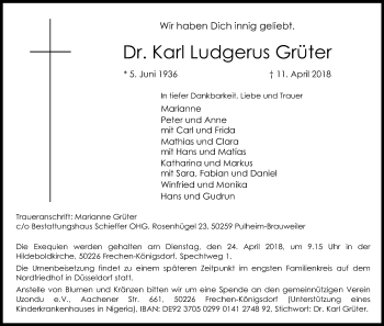 Anzeige von Karl Ludgerus Grüter von Kölner Stadt-Anzeiger / Kölnische Rundschau / Express