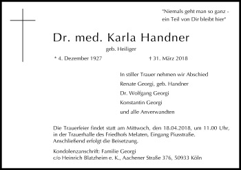 Anzeige von Karla Handner von Kölner Stadt-Anzeiger / Kölnische Rundschau / Express
