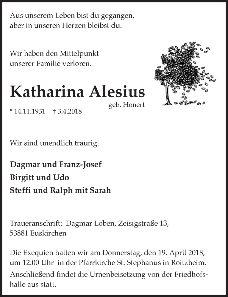  Traueranzeige für Katharina Alesius vom 14.04.2018 aus  Blickpunkt Euskirchen 