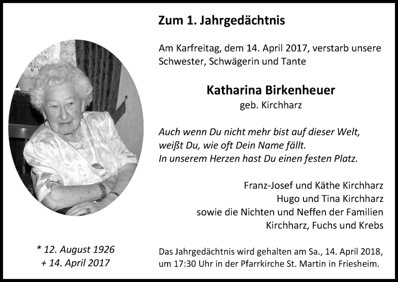  Traueranzeige für Katharina Birkenheuer vom 07.04.2018 aus Kölner Stadt-Anzeiger / Kölnische Rundschau / Express