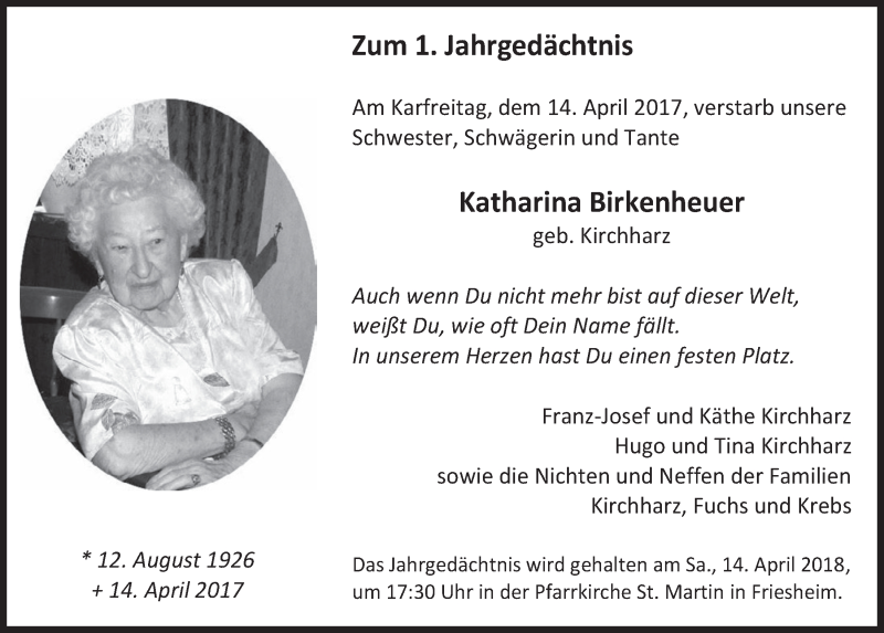  Traueranzeige für Katharina Birkenheuer vom 07.04.2018 aus  Werbepost 
