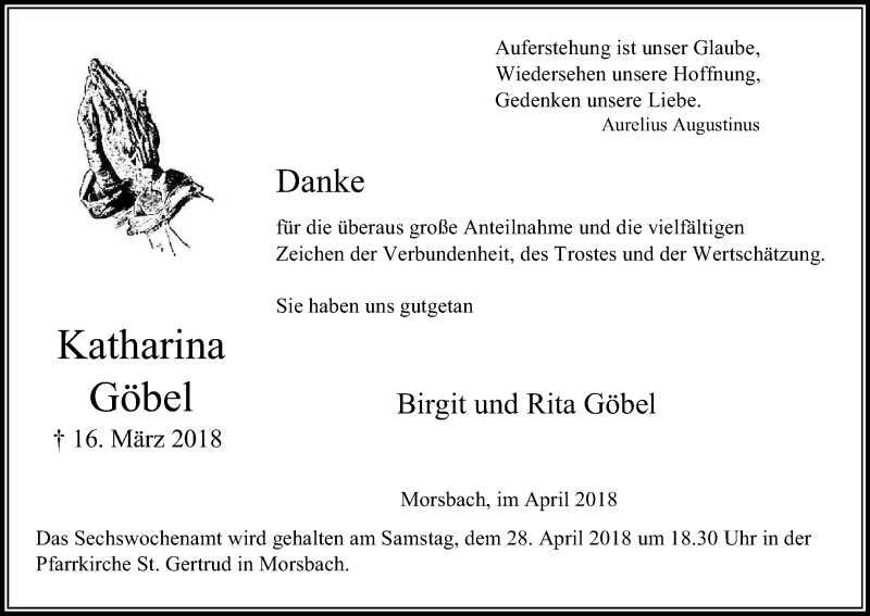  Traueranzeige für Katharina Göbel vom 25.04.2018 aus Kölner Stadt-Anzeiger / Kölnische Rundschau / Express