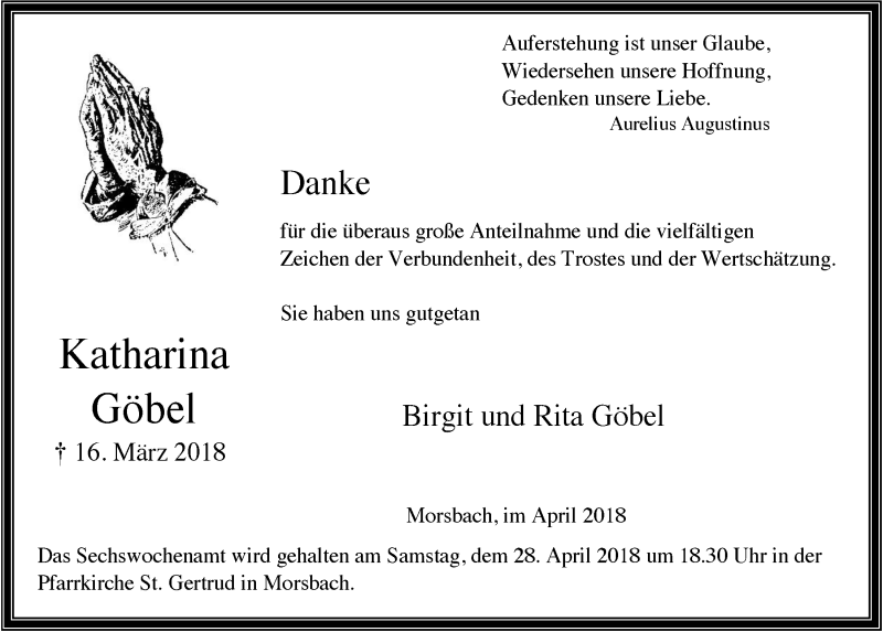  Traueranzeige für Katharina Göbel vom 25.04.2018 aus  Lokalanzeiger 