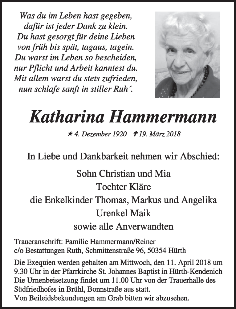  Traueranzeige für Katharina Hammermann vom 04.04.2018 aus  Wochenende  Schlossbote/Werbekurier 