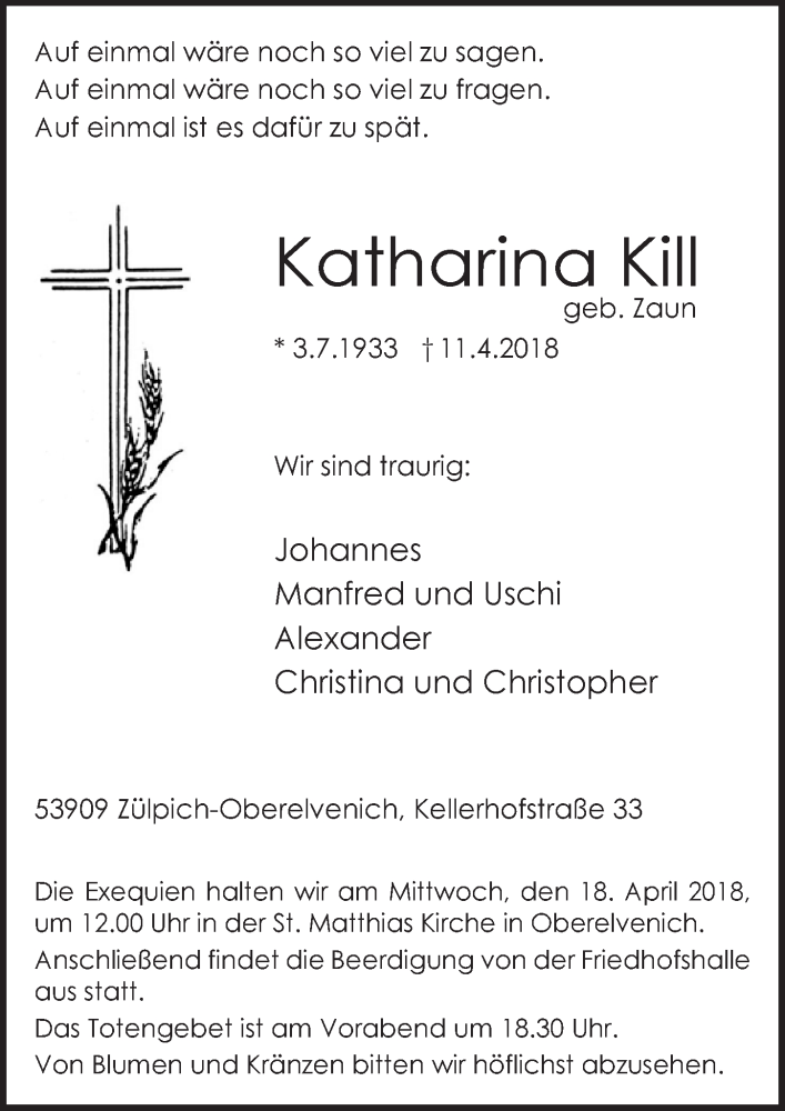  Traueranzeige für Katharina Kill vom 14.04.2018 aus  Blickpunkt Euskirchen 