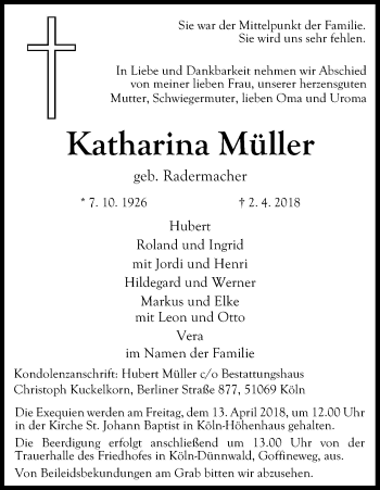 Anzeige von Katharina Müller von Kölner Stadt-Anzeiger / Kölnische Rundschau / Express