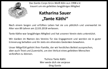 Anzeige von Katharina Sauer von Kölner Stadt-Anzeiger / Kölnische Rundschau / Express