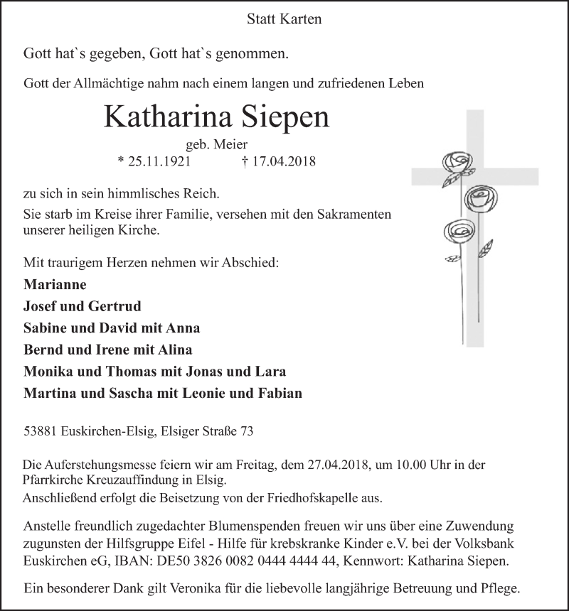  Traueranzeige für Katharina Siepen vom 21.04.2018 aus  Blickpunkt Euskirchen 