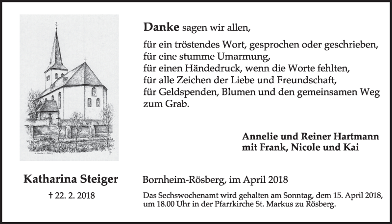  Traueranzeige für Katharina Steiger vom 04.04.2018 aus  Schlossbote/Werbekurier 