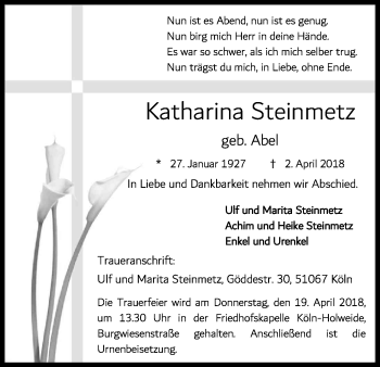 Anzeige von Katharina Steinmetz von Kölner Stadt-Anzeiger / Kölnische Rundschau / Express