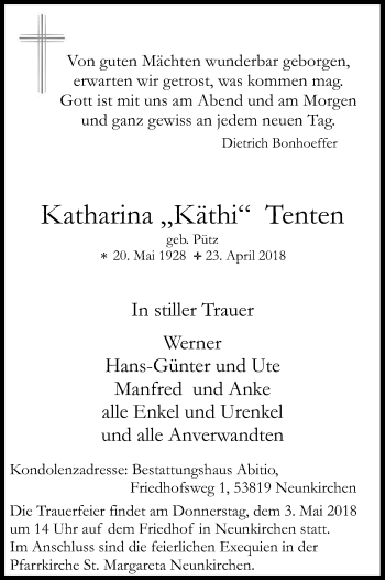 Anzeige von Katharina  Tenten von Kölner Stadt-Anzeiger / Kölnische Rundschau / Express