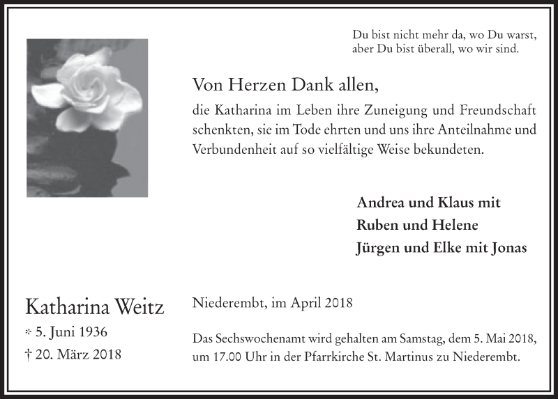  Traueranzeige für Katharina Weitz vom 25.04.2018 aus  Werbepost 