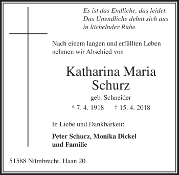 Anzeige von Katharina Maria Schurz von  Lokalanzeiger 