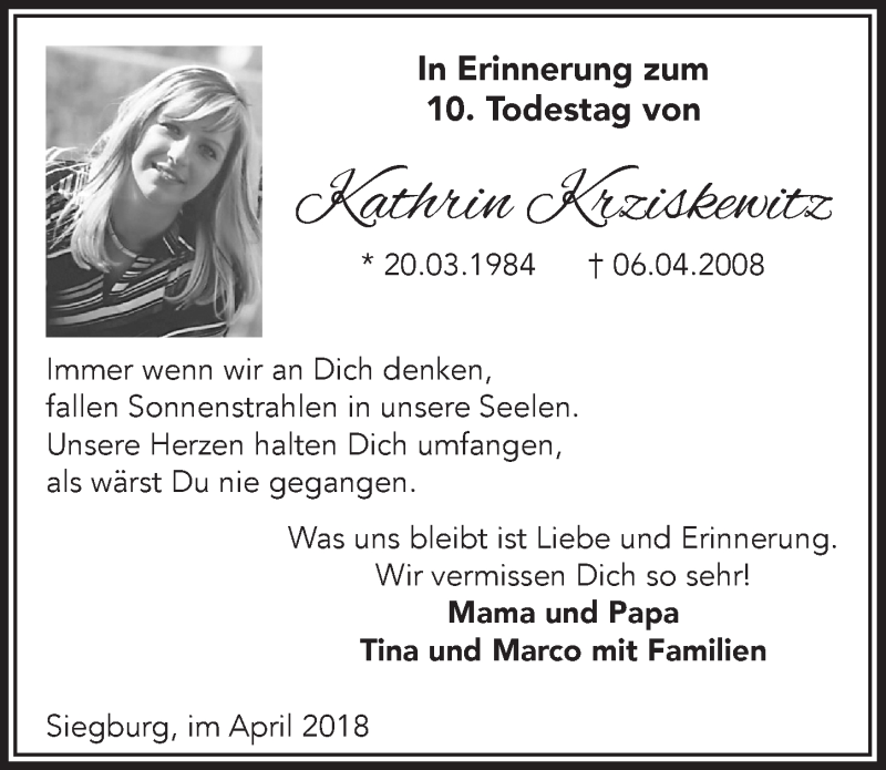  Traueranzeige für Kathrin Krziskewitz vom 04.04.2018 aus  Extra Blatt 