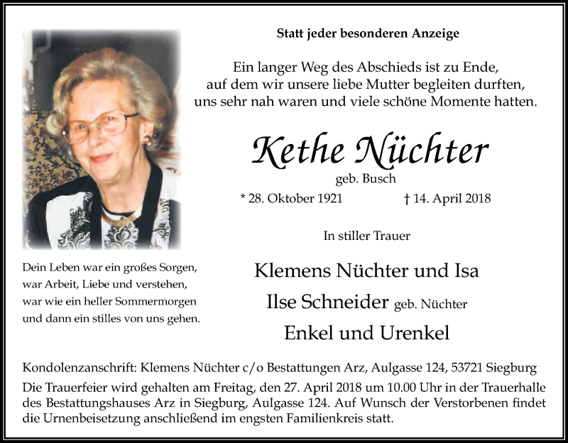  Traueranzeige für Kethe Nüchter vom 21.04.2018 aus Kölner Stadt-Anzeiger / Kölnische Rundschau / Express