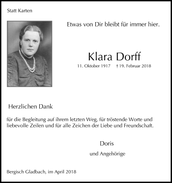 Anzeige von Klara Dorff von Kölner Stadt-Anzeiger / Kölnische Rundschau / Express