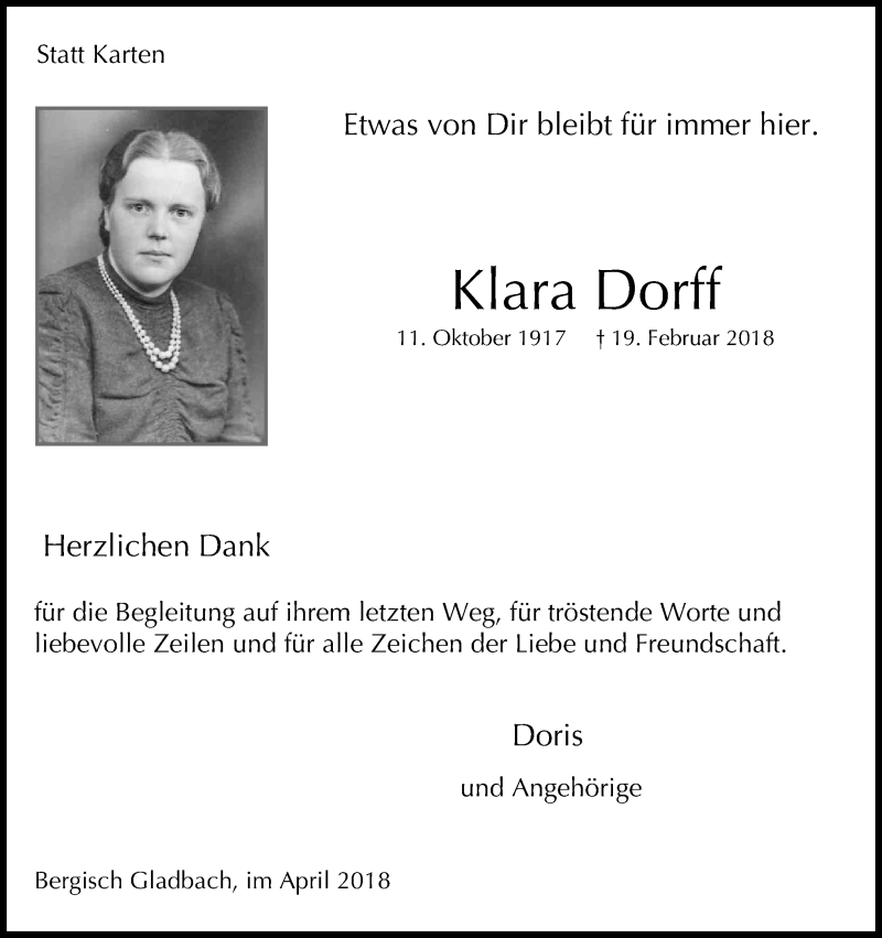  Traueranzeige für Klara Dorff vom 14.04.2018 aus Kölner Stadt-Anzeiger / Kölnische Rundschau / Express