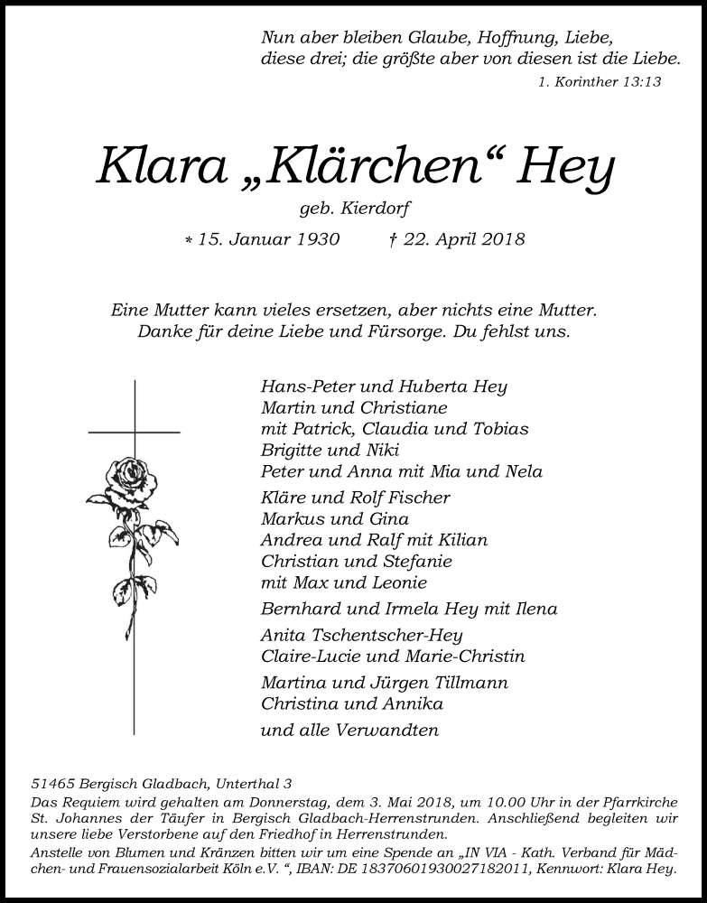  Traueranzeige für Klara Hey vom 28.04.2018 aus Kölner Stadt-Anzeiger / Kölnische Rundschau / Express