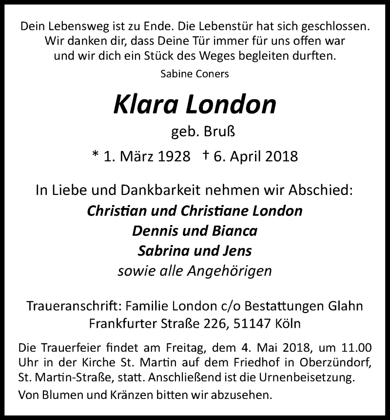  Traueranzeige für Klara London vom 28.04.2018 aus Kölner Stadt-Anzeiger / Kölnische Rundschau / Express